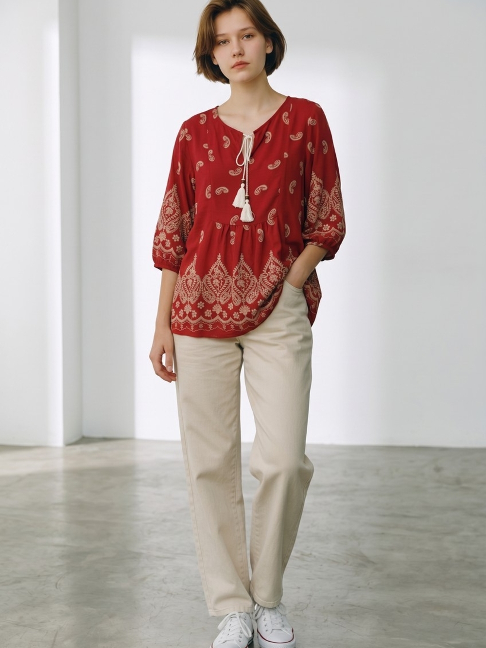 🌸 NEW RAPBIN Women’s Red Boho Tassel Embroidered Peasant Top